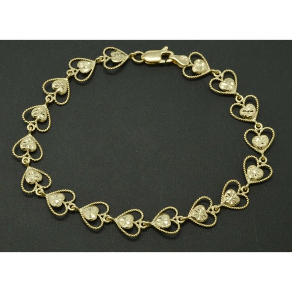Real 10k Yellow Gold Filigree Diamond Cut Heart love Bracelet 8.7mm 71/2
